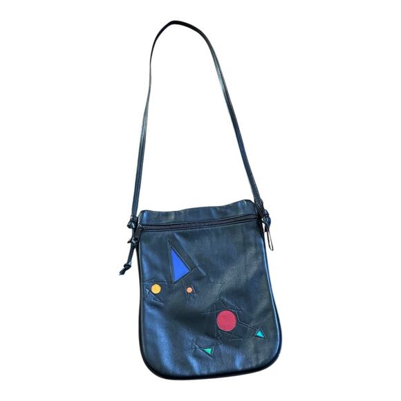 Ilze Heider Artsy Leather Design Crossbody Purse Black Colorful Shapes Eclectic - Picture 1 of 13